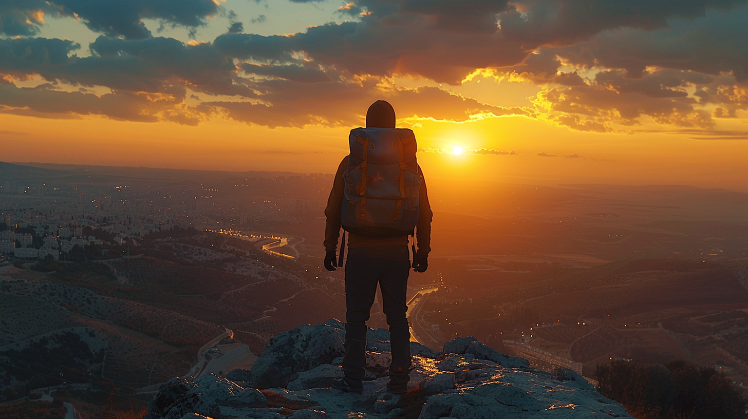 Sunset pilgrimage view path Jerusalem mountain 8k photography