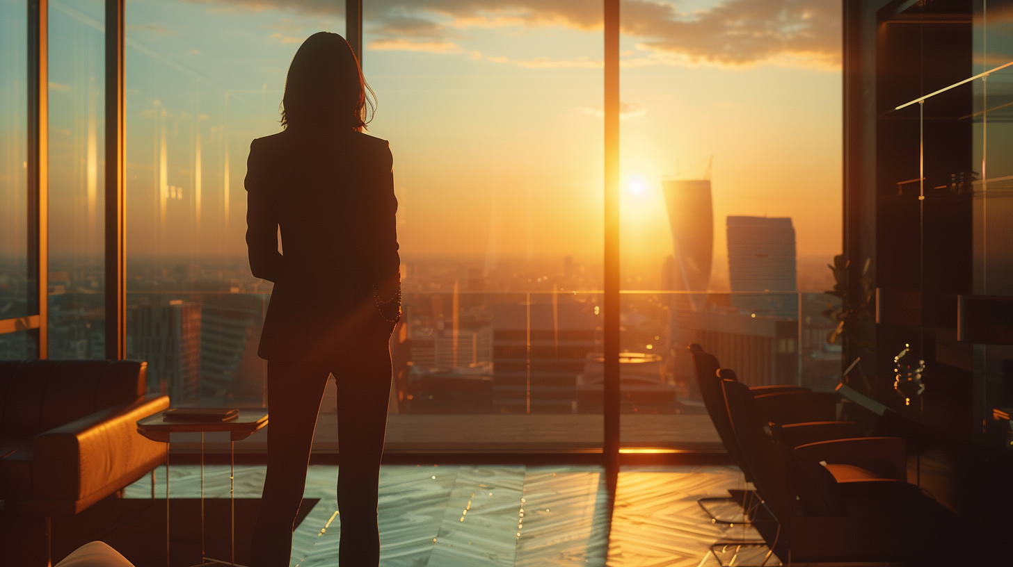 Sunset skyline view in modern office with businesswoman.