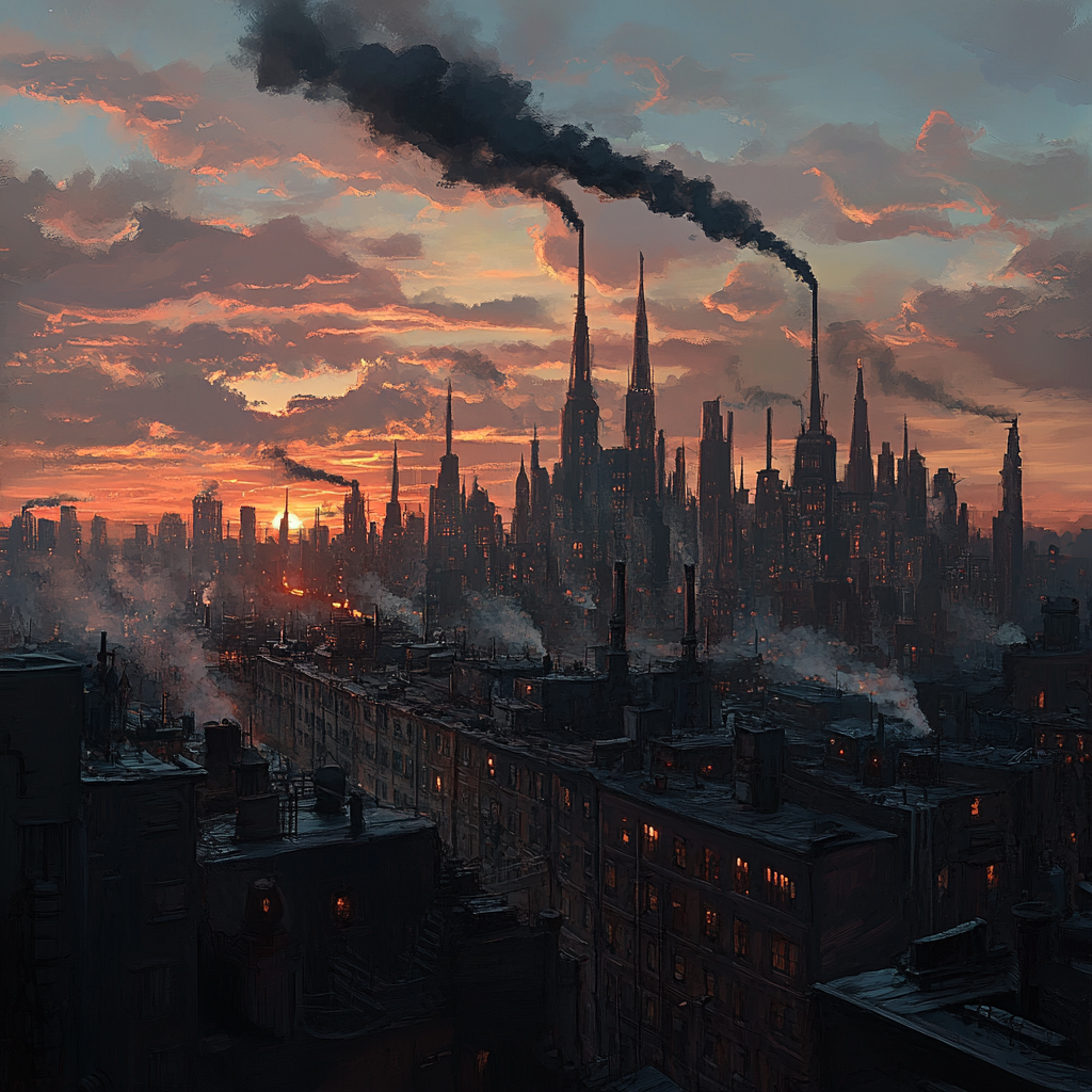 Sunset skyline with tenements, spires, and smoke trails.