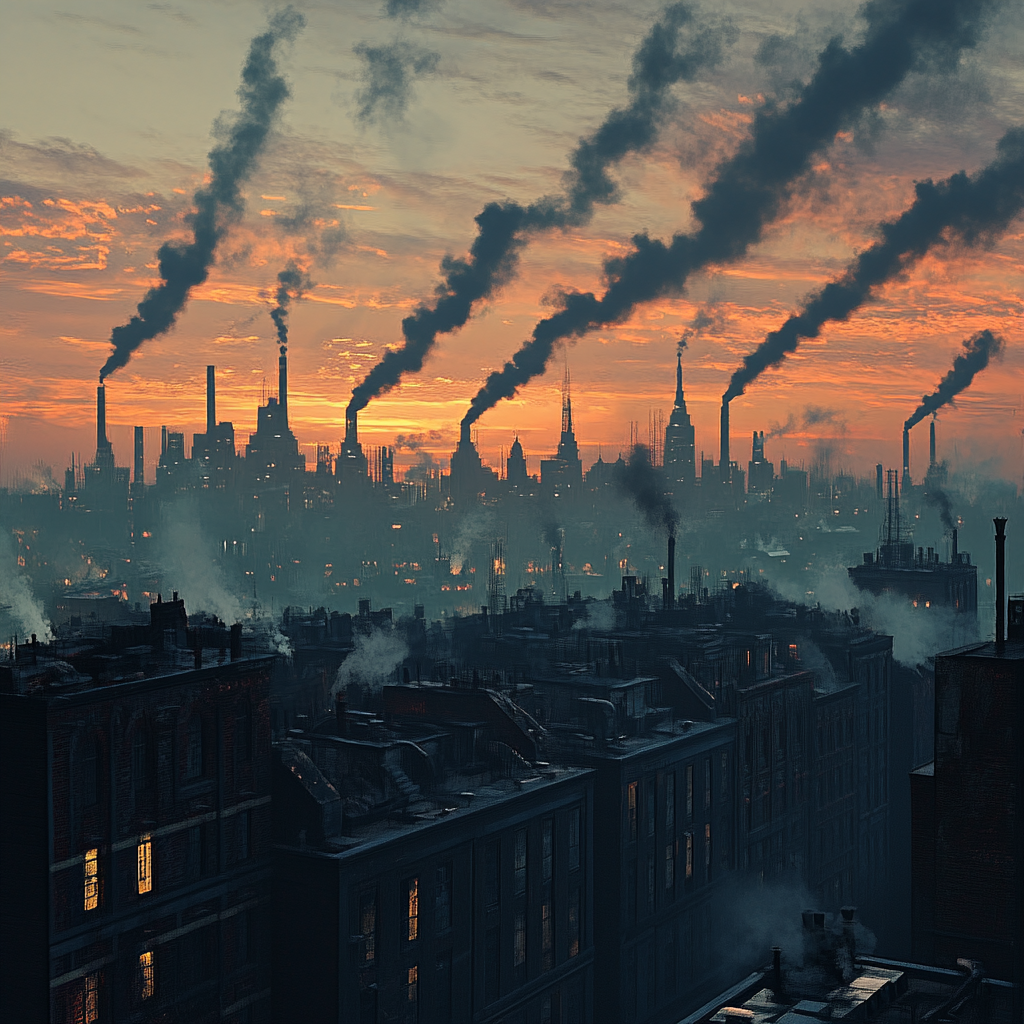 Sunset skyline with tenements and spires in distance.