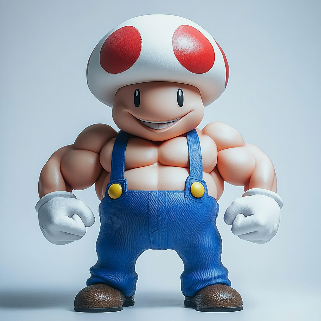 Super Mario Toad with mushroom head, huge muscles.