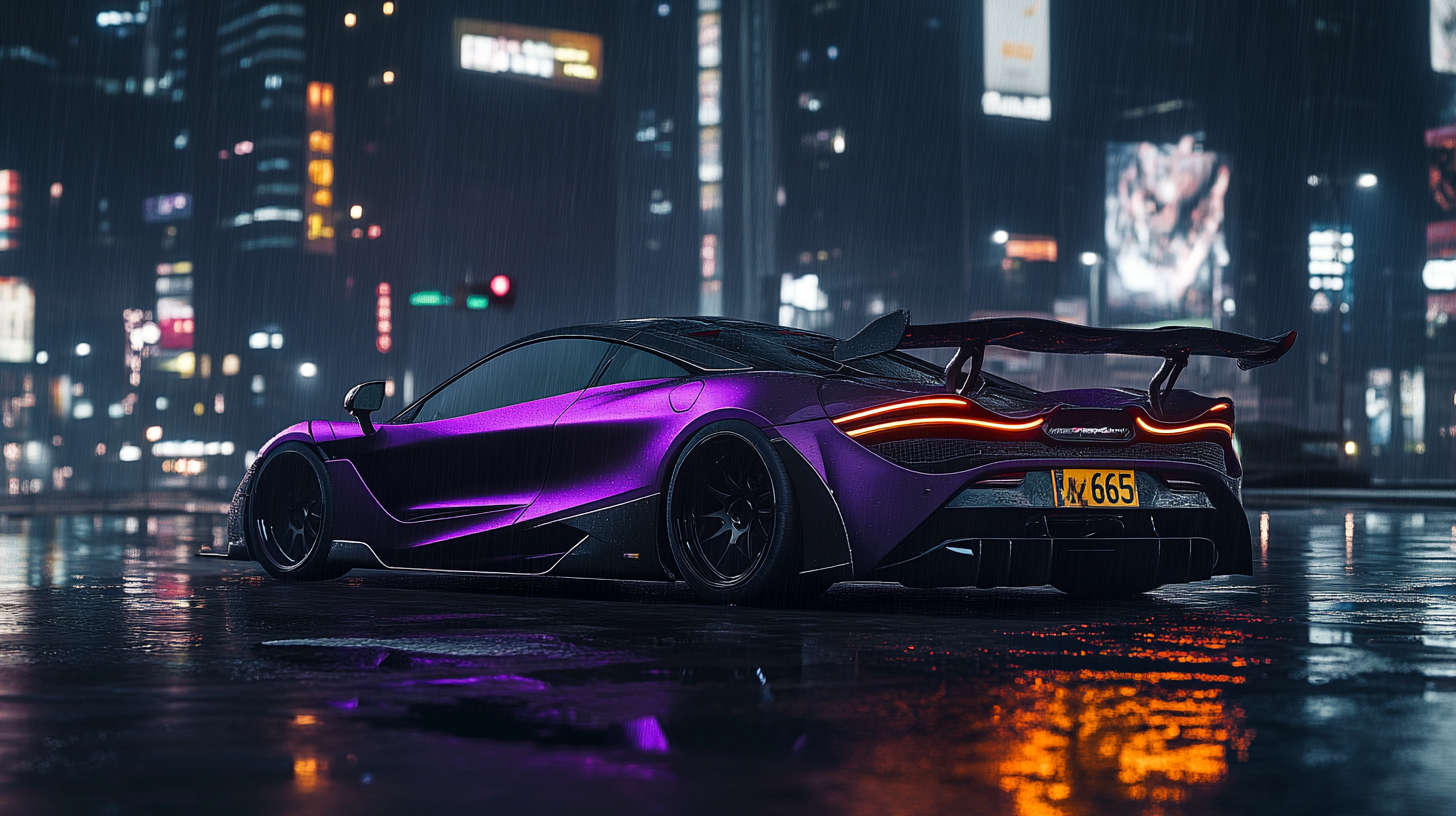 Supercar in video game style on rainy city street