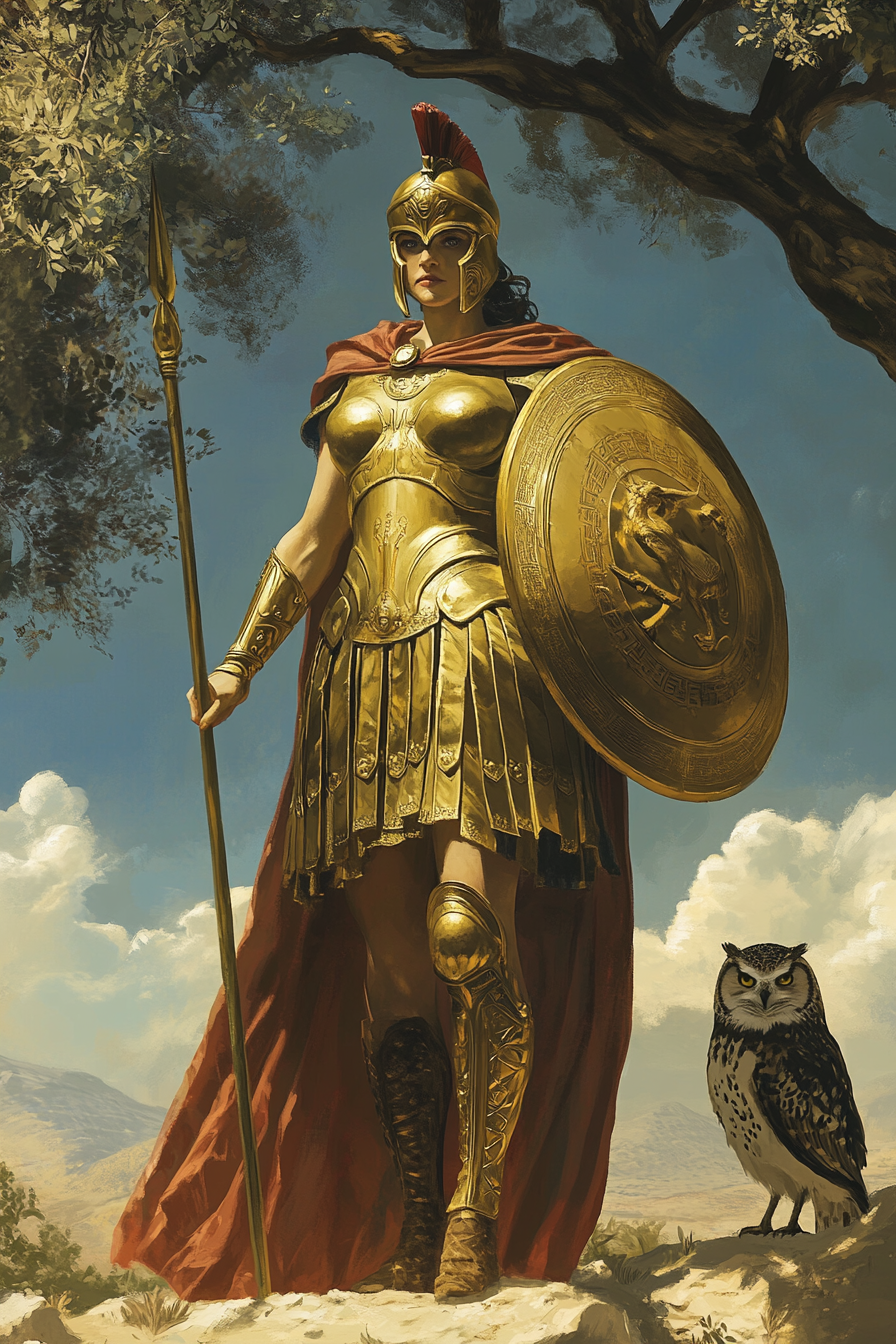 Superhero Athena/Minerva in armor with owl and spear.