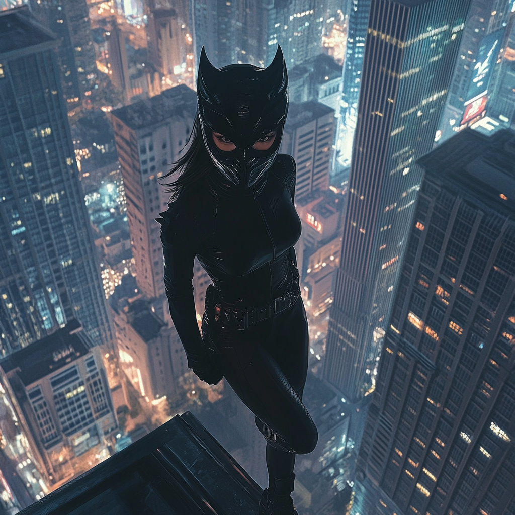 Superhero Girl with Dragon Mask in City Night