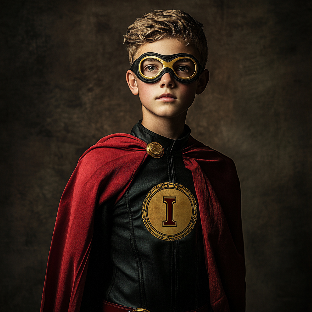 Superhero college boy in Pi symbol costume, realistic image.