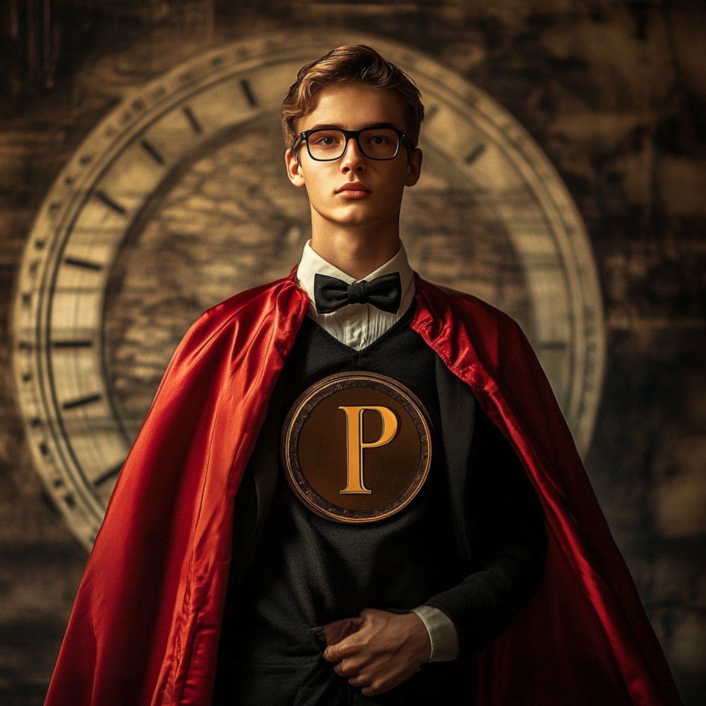 Superhero college boy in Pi symbol suit costume