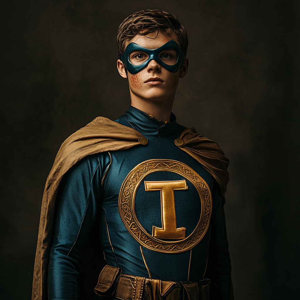 Superhero college boy with Pi symbol costume, showing intelligence.