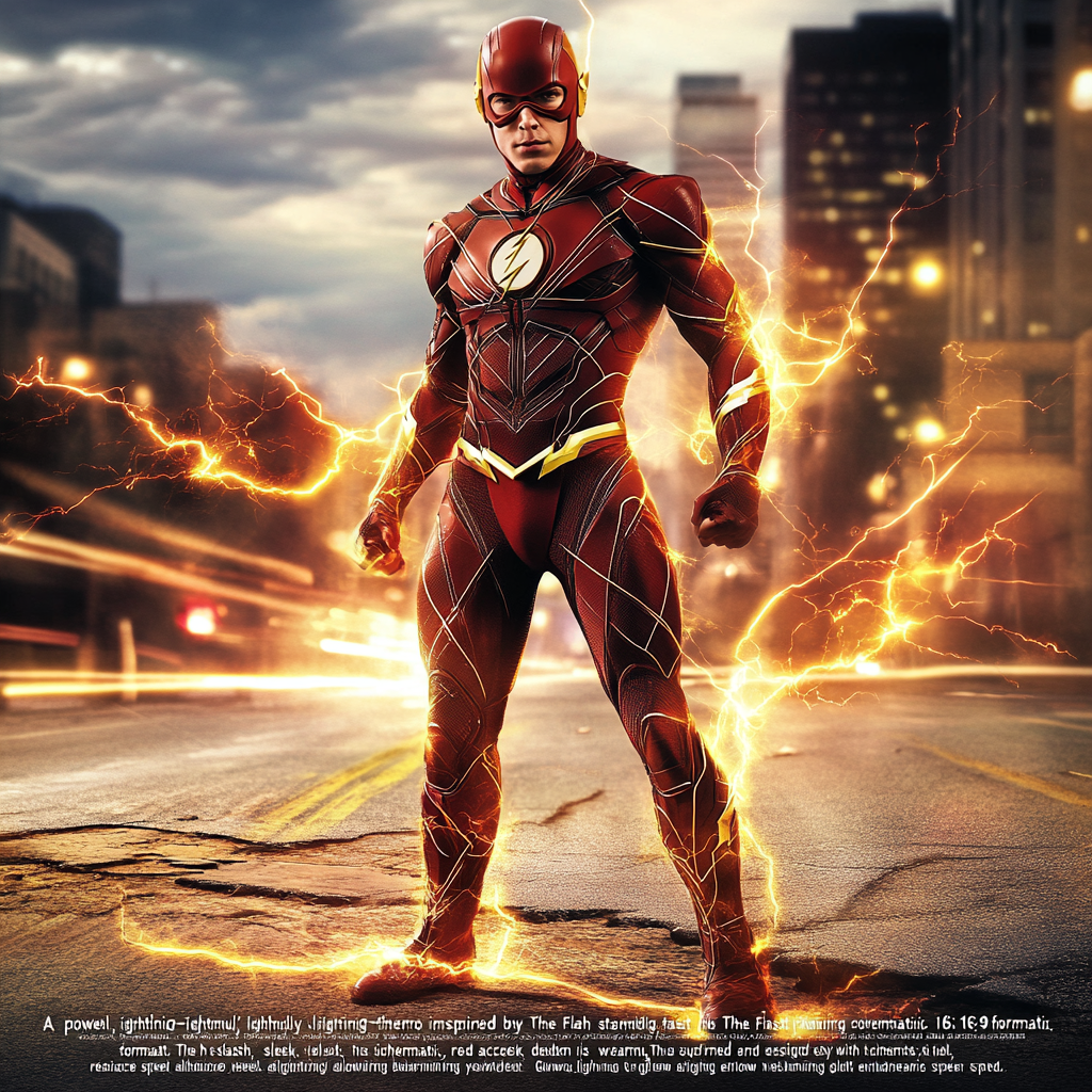 Superhero in red suit with lightning superpowers in city.