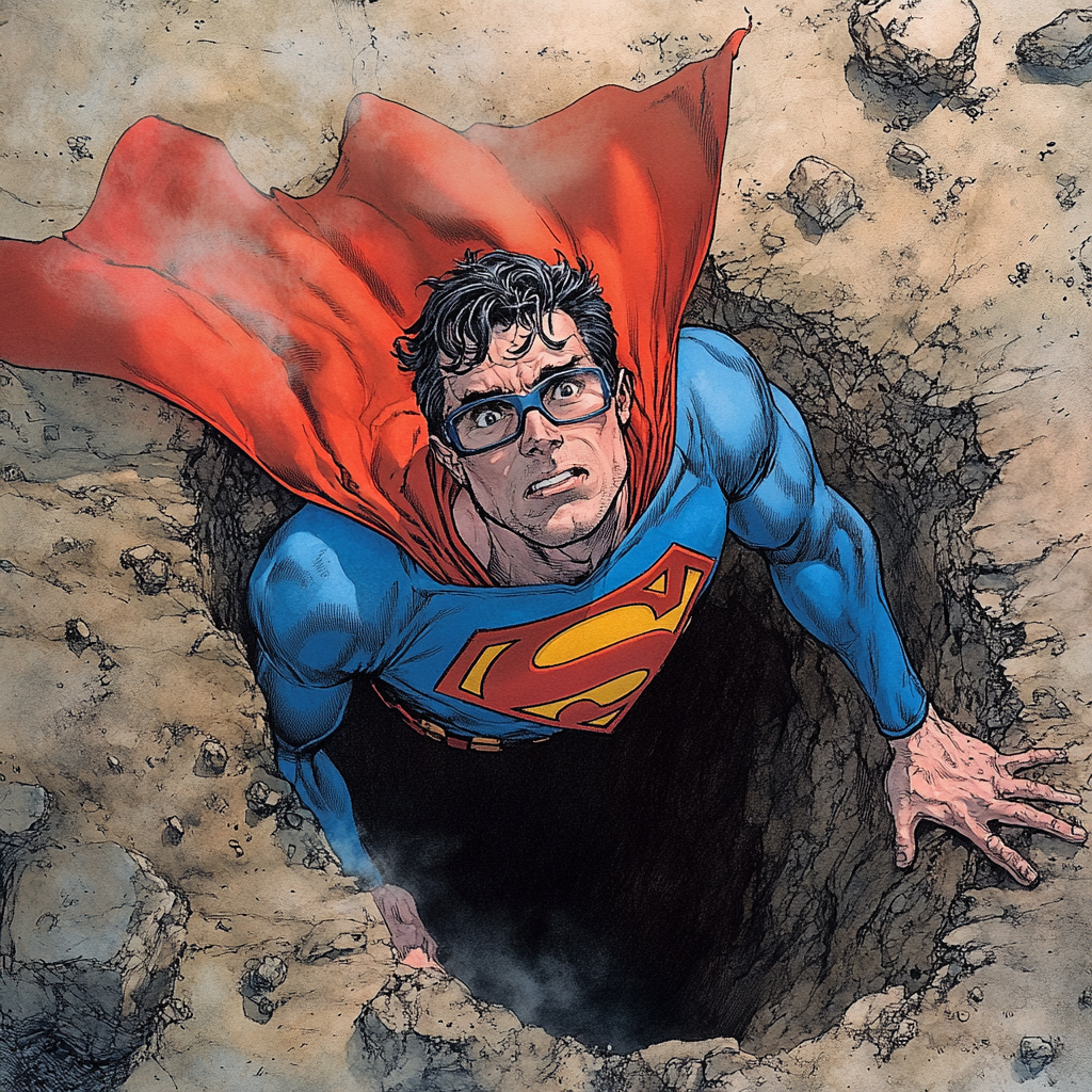 Superman falling into well, shocked expression, billowing cape.