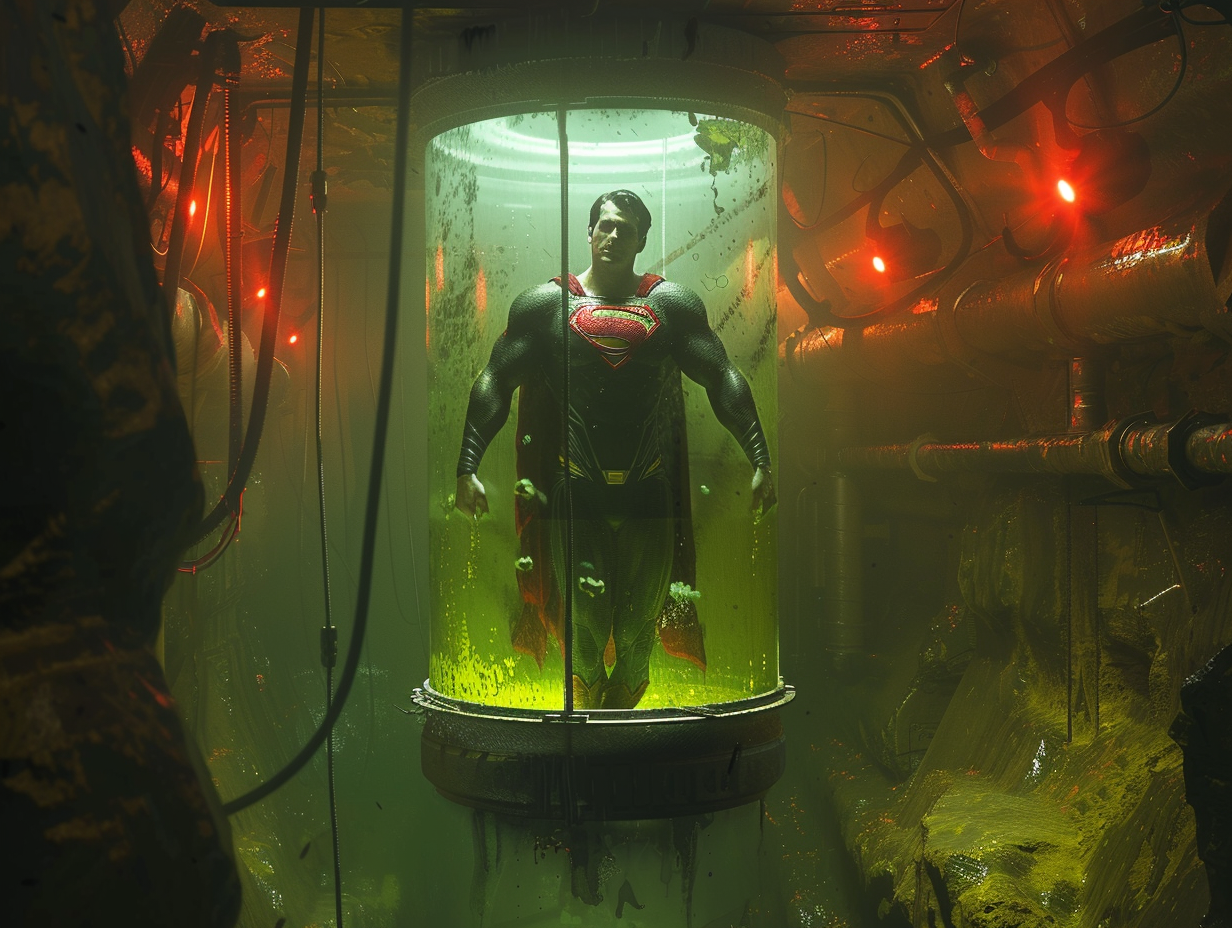 Superman floating in tank with green liquid, lab setting.