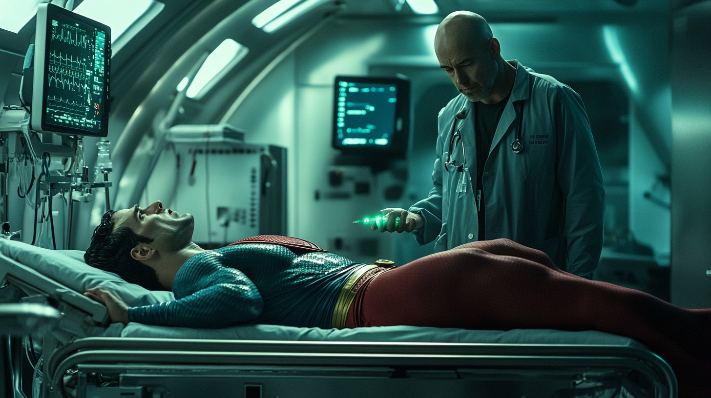 Superman in Agony on Medical Bed, Lex Luthor with Syringe