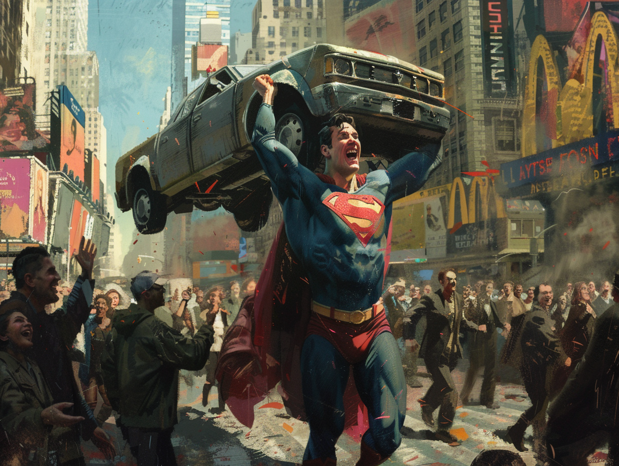 Superman lifting armored car, crowd watches, city street.