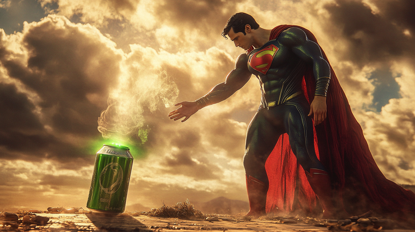 Superman reaching for glowing green soda can sky