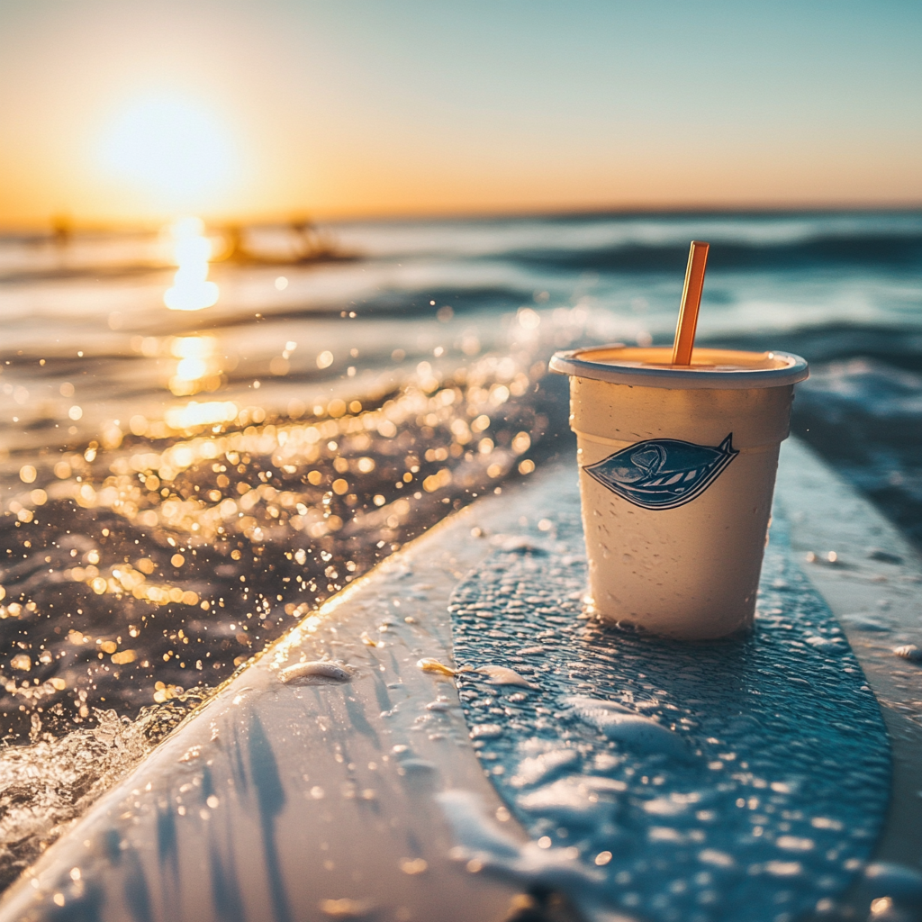 Surfboard with cargo mounts and cup holder on beach.