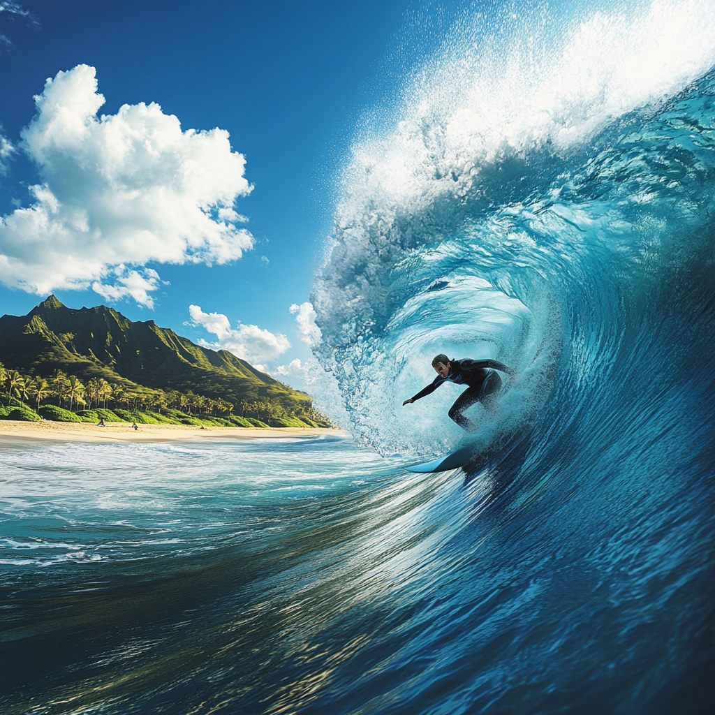 Surfer conquering huge Hawaiian wave under clear blue sky.