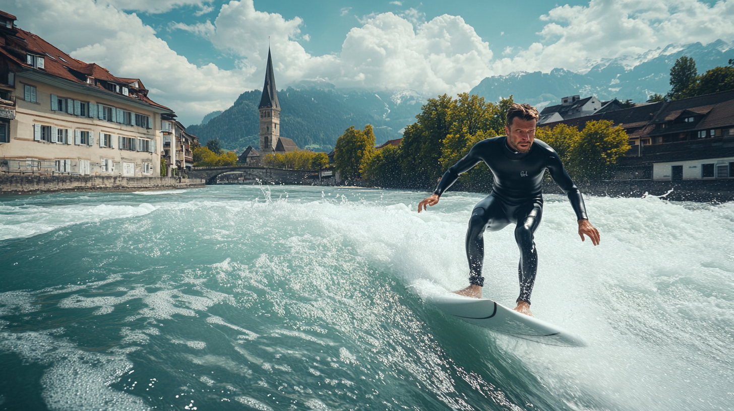 Surfer in Thun, determined and energetic on river.