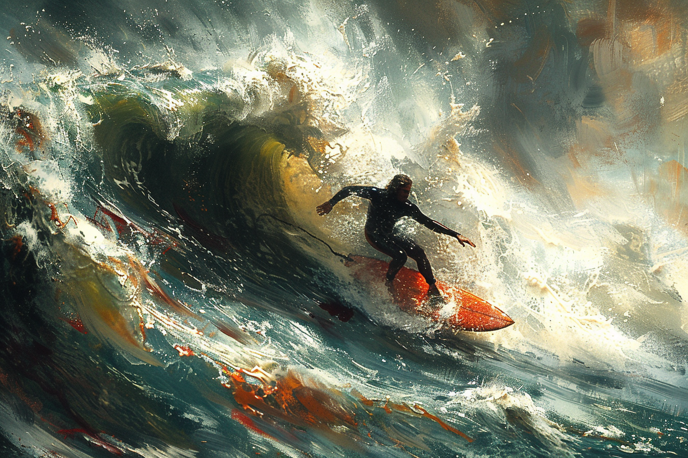 Surfer in black wetsuit riding big wave afar.