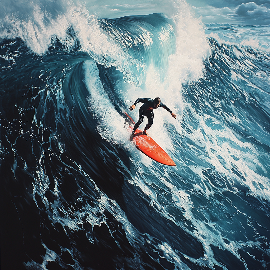 Surfer in black wetsuit riding big wave on red surfboard.