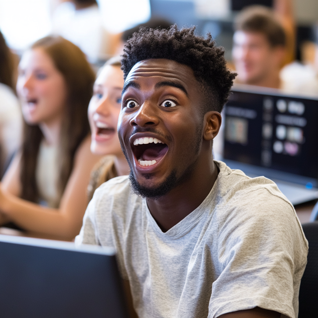 Surprised Caribbean students on Zoom call in class.