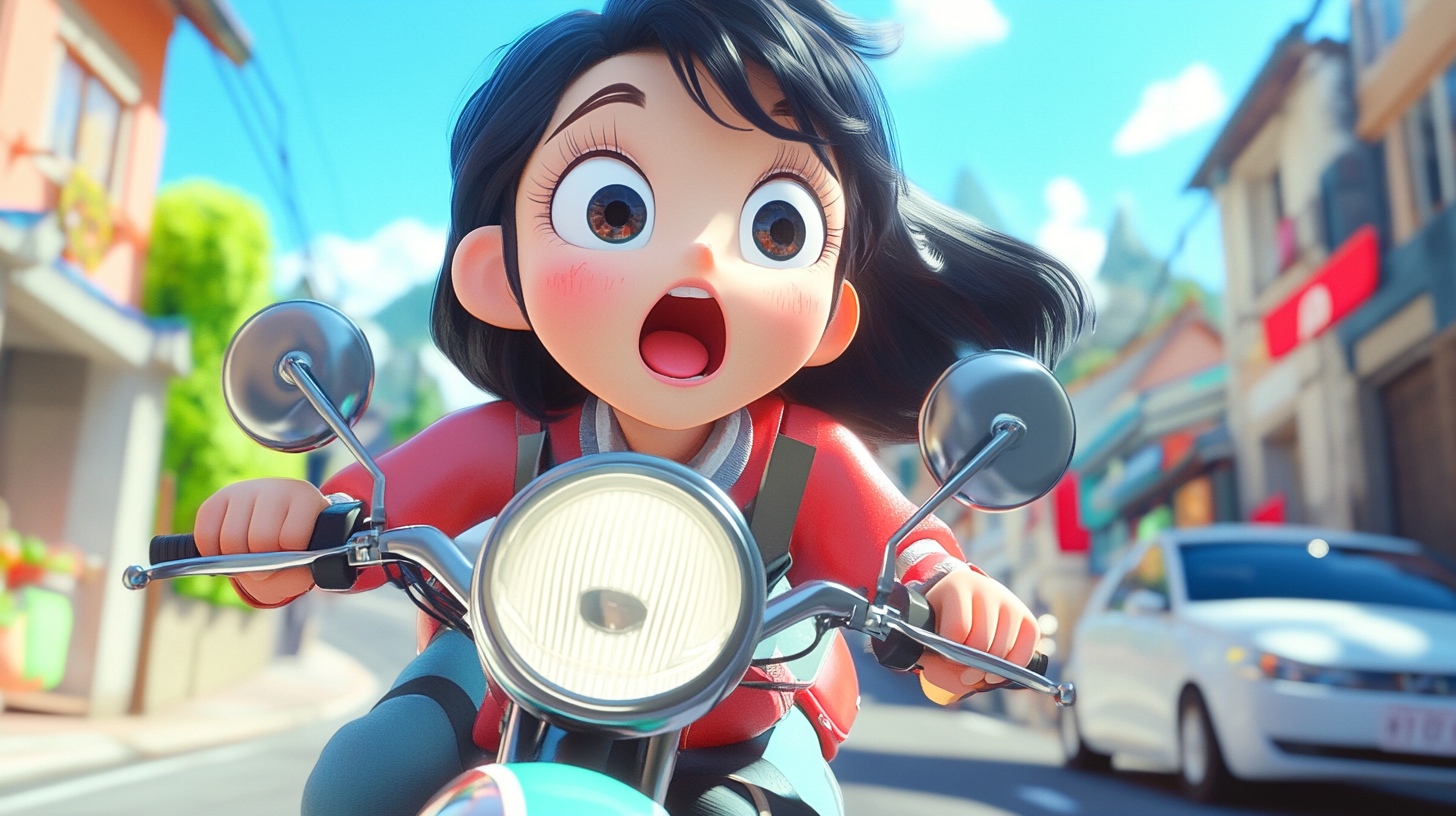 Surprised Korean character on motorcycle with Disney style