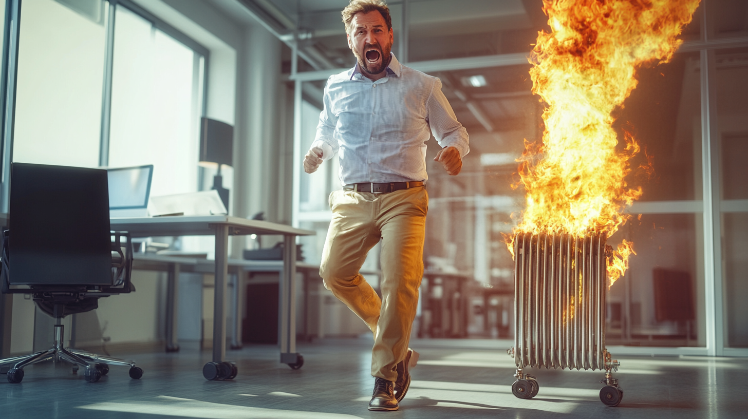 Surprised Man's Pants on Fire in Bright Office