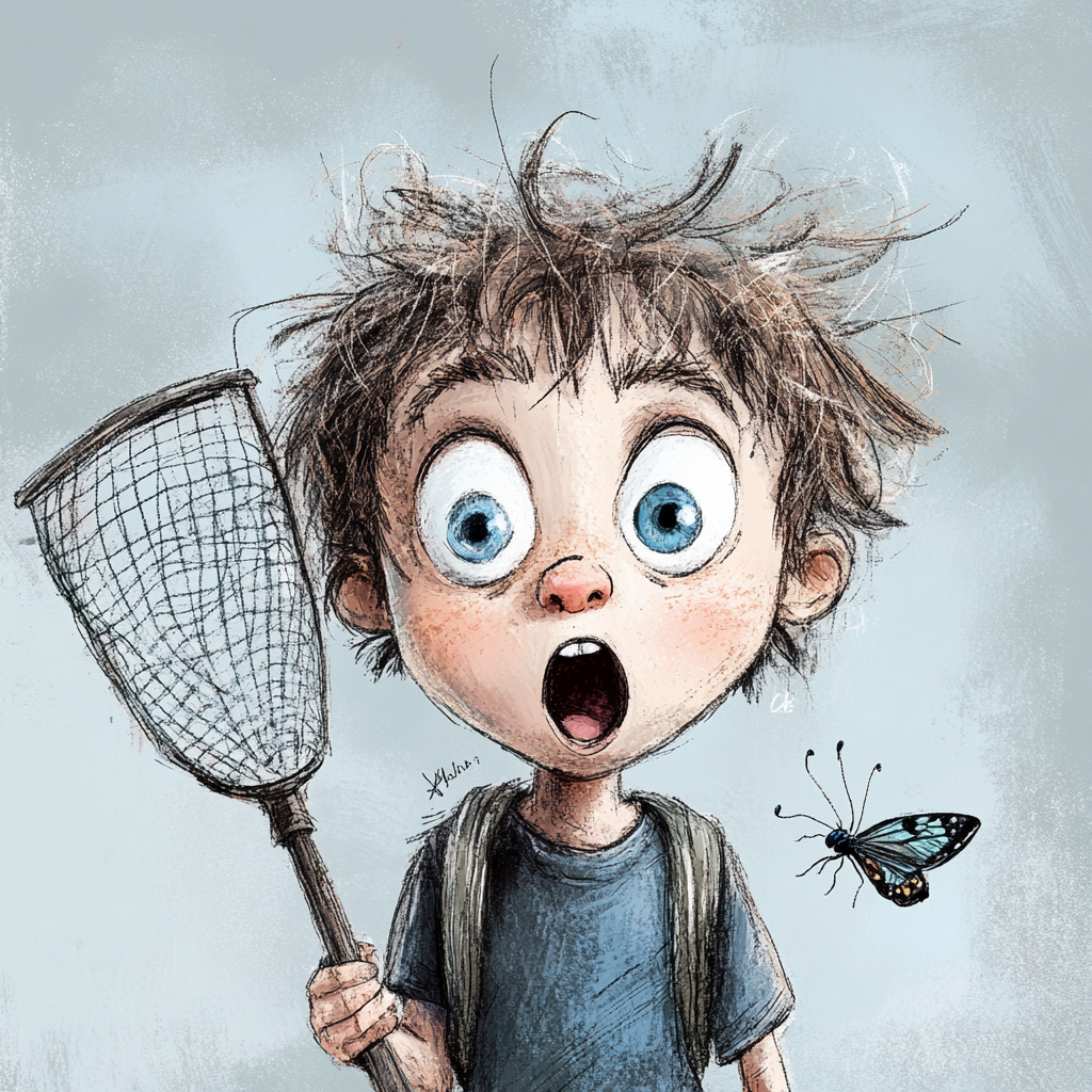 Surprised Micky catching butterfly in children's book illustration.