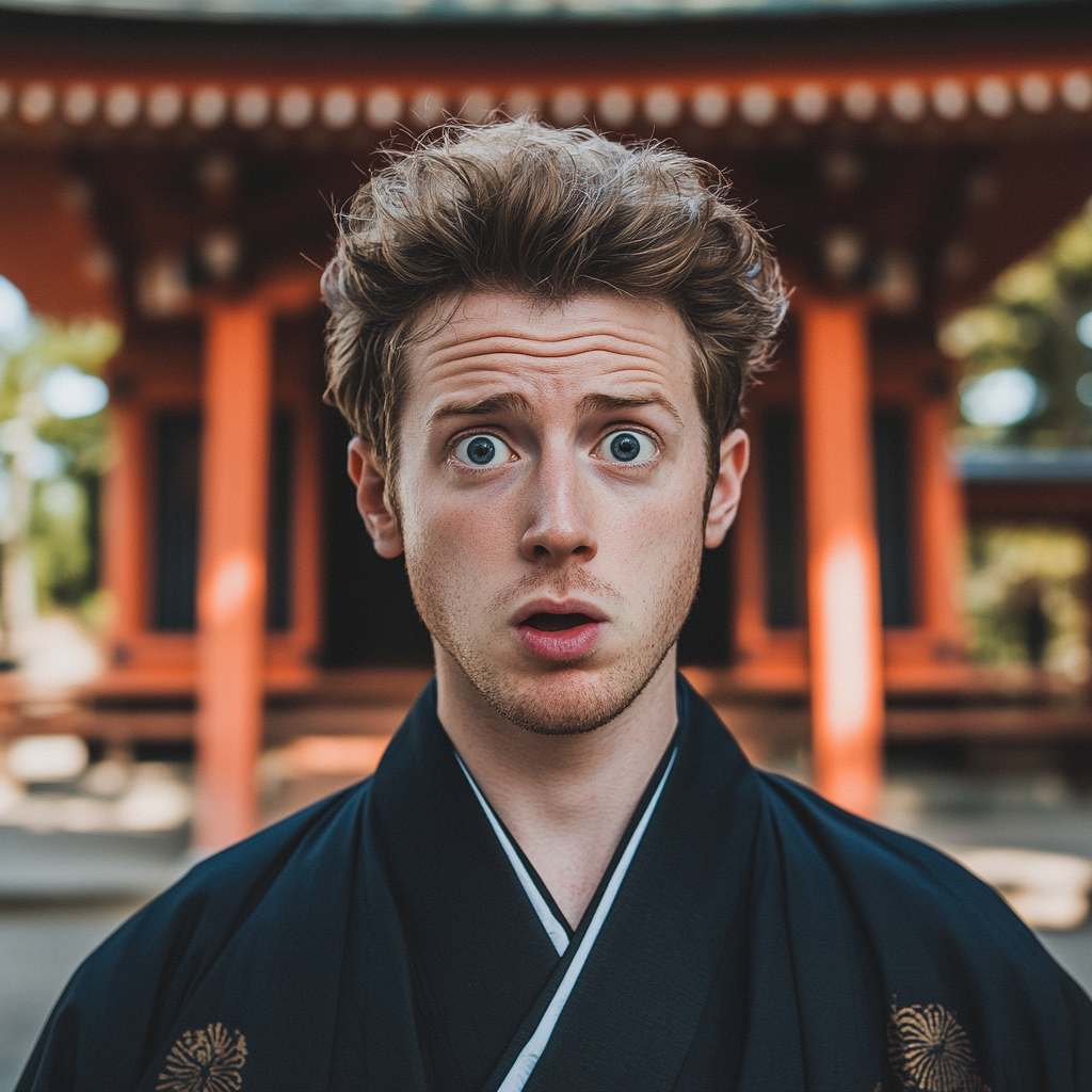 Surprised man in black kimono at Japanese wedding.