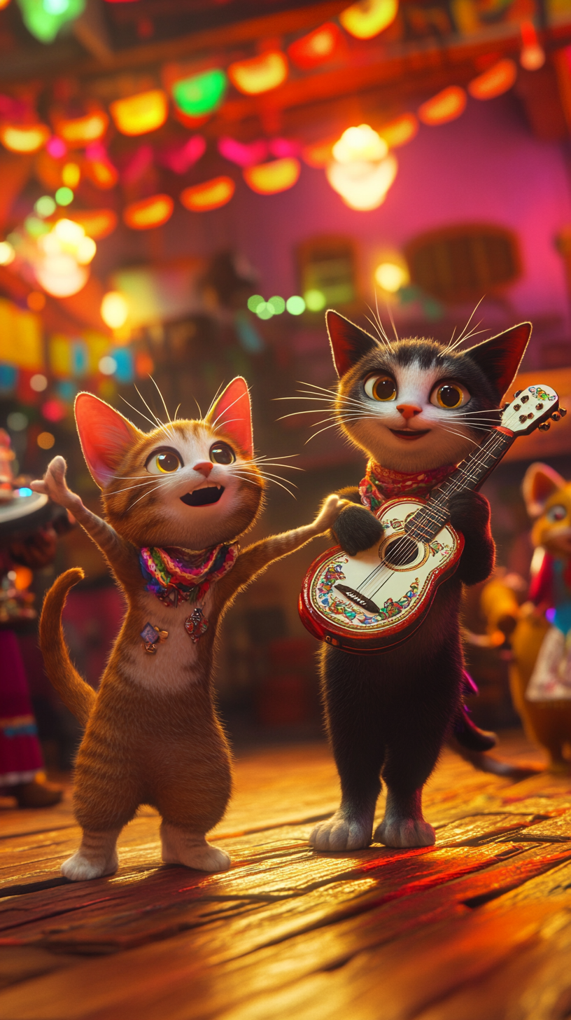 Surprised tabby cat joins mariachi cats on stage.