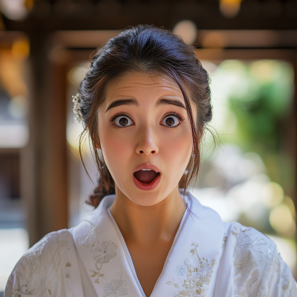 Surprised woman in traditional Japanese wedding kimono at shrine.