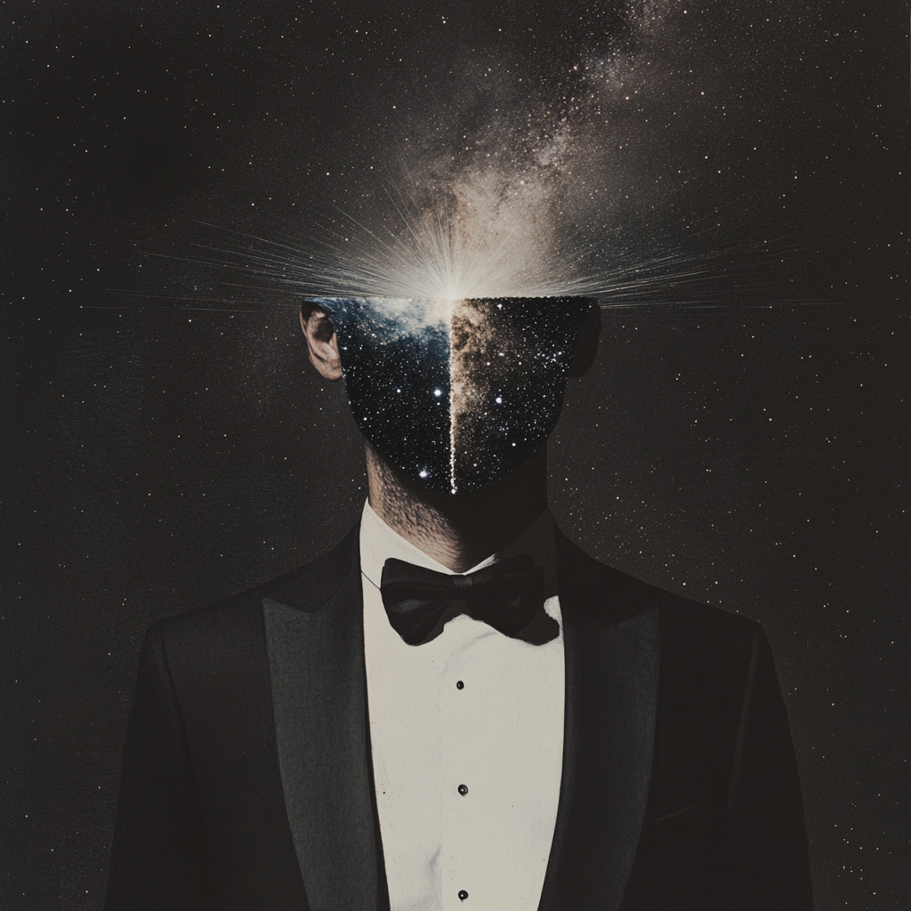 Surreal, minimalist collage with man in tuxedo, floating head.