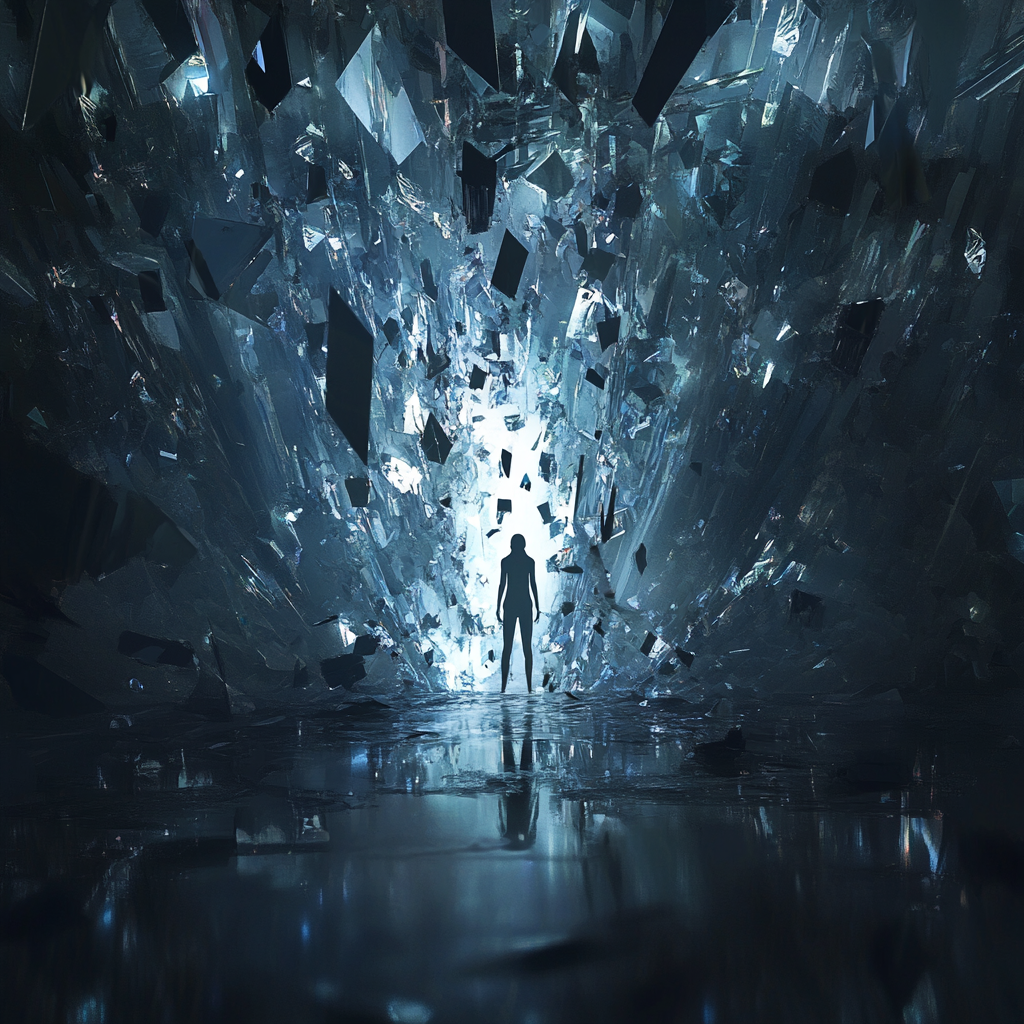 Surreal, shattered mirror reflects figure in abstract void.