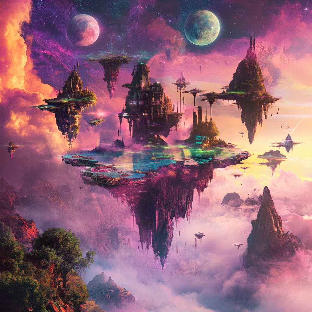 Surreal Album Cover with Floating Islands and Dreamlike Skies