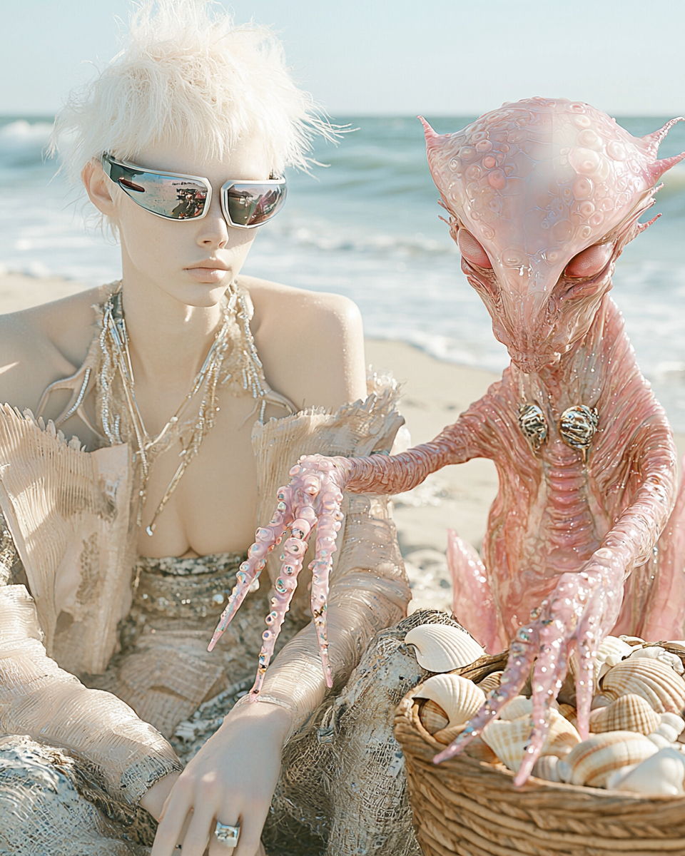 Surreal Beach Scene: Futuristic Fashion with Alien Companion