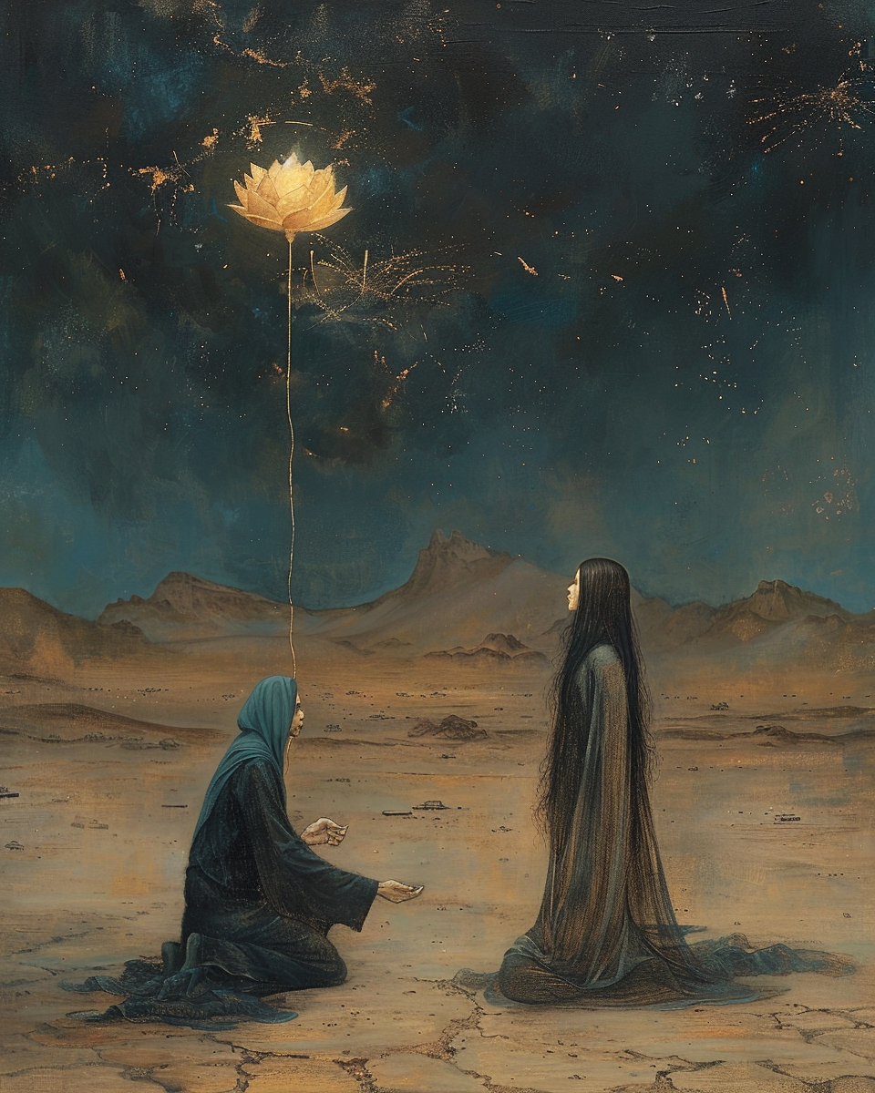 Surreal Desert Night Scene with Man and Woman