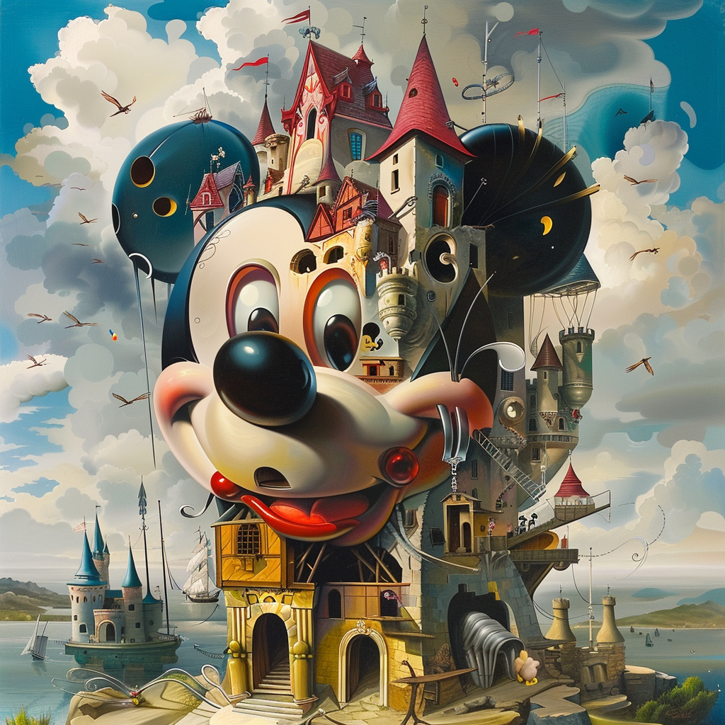 Surreal Disney characters in Dalí-style landscapes. Vibrant, twisted fantasy.