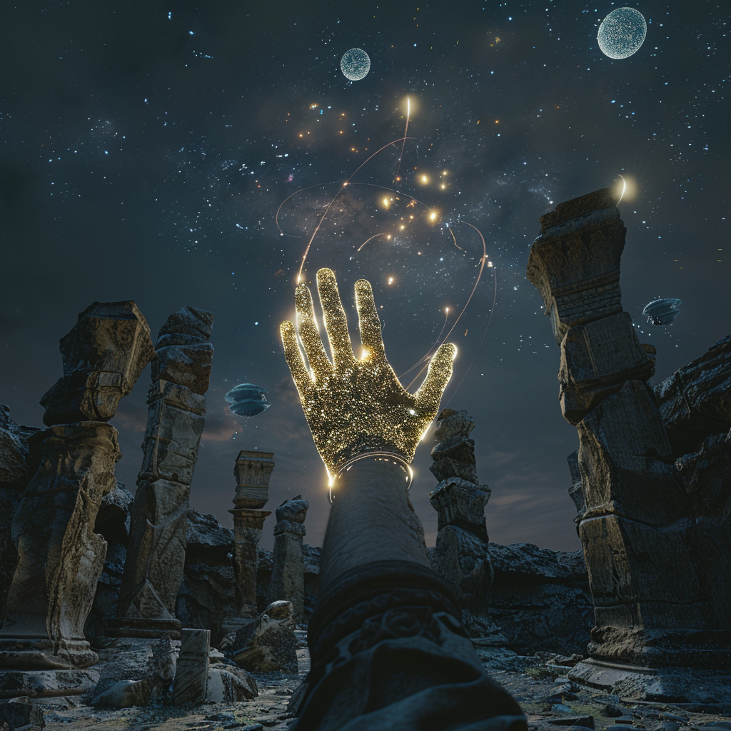 Surreal Galaxy Sky with Ancient Ruins and Stone Hands