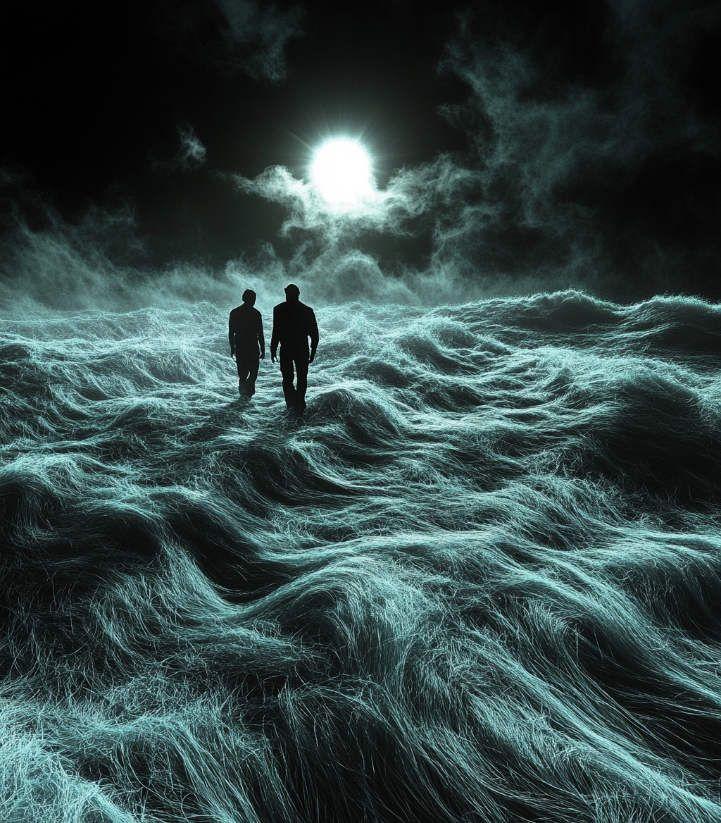 Surreal Men Walking on Fur Ocean with Black Sky