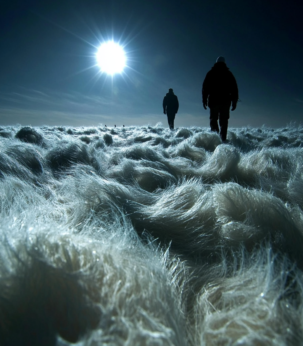 Surreal Men Walking on Furry Ocean, Chaos Scene