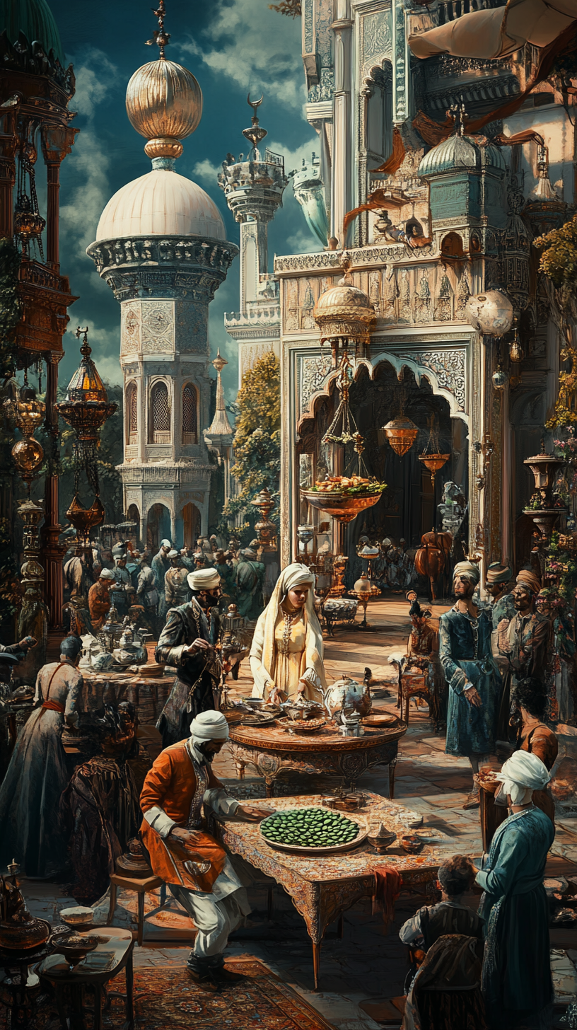 Surreal Ottoman sultan's court, wife served cucumbers, opulence-absurdity