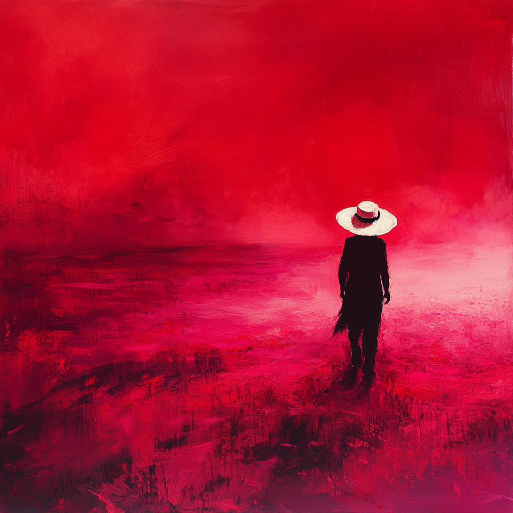 Surreal Solitary Figure in Crimson Landscape - Stock Photo