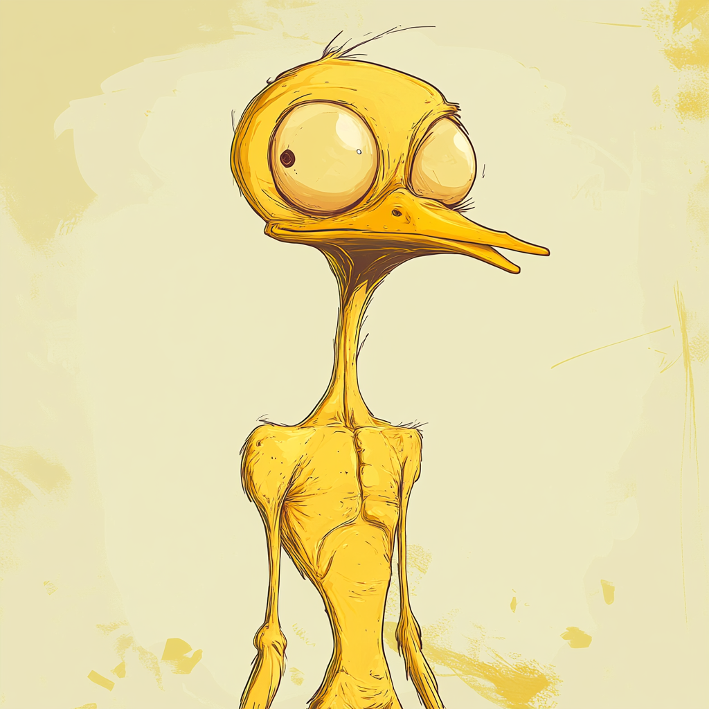 Surreal Tweety-inspired bird with exaggerated human features