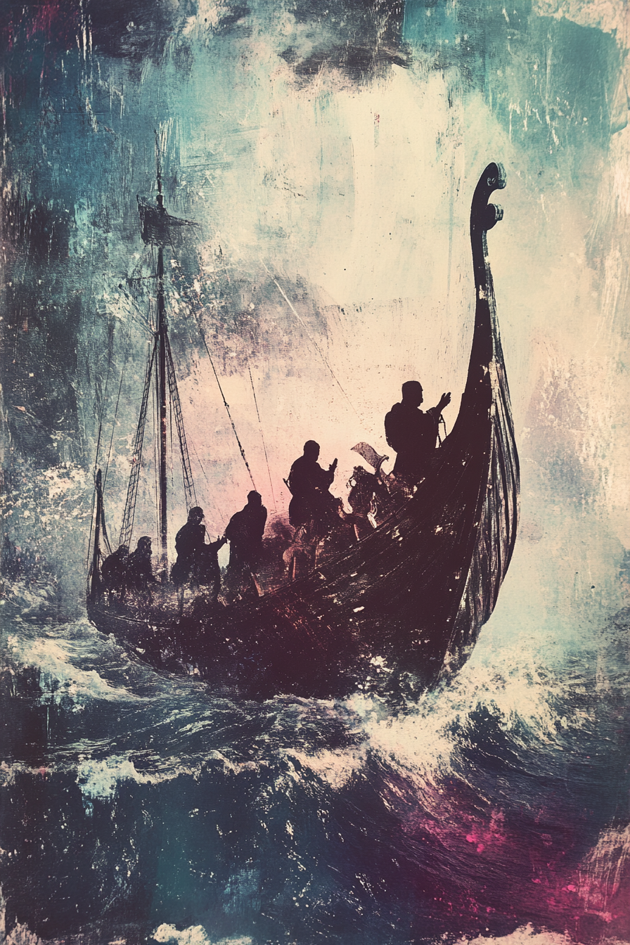 Surreal Viking ship on colorful sea with silhouettes