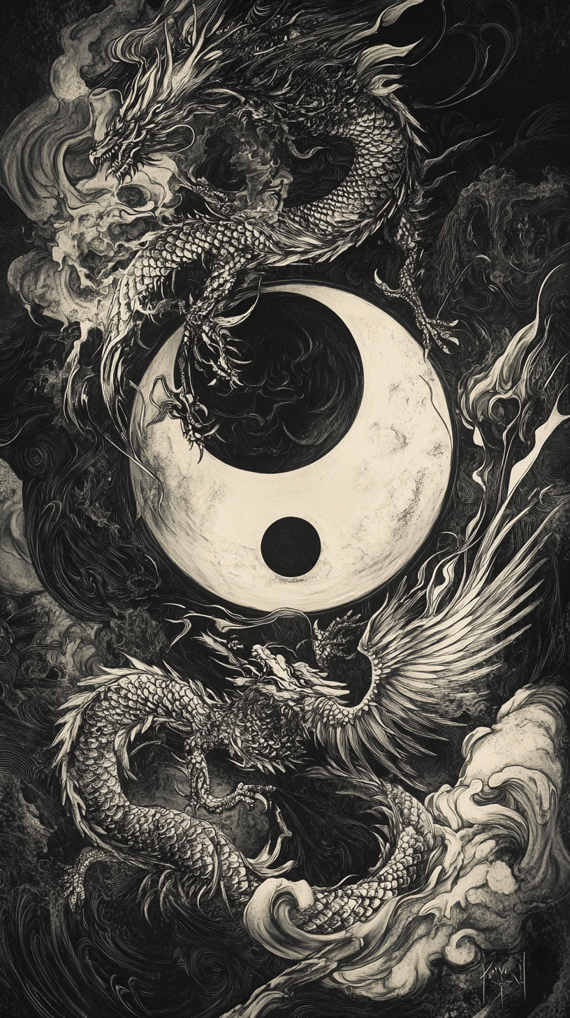 Surreal Yin Yang Symbol with Dragon and Phoenix Designs