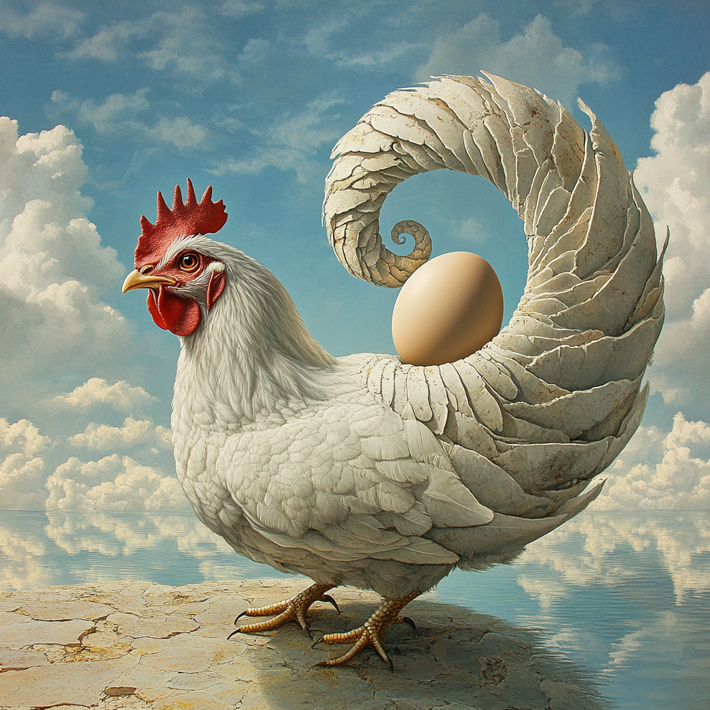 Surreal blend of chicken and egg in cyclical loop.