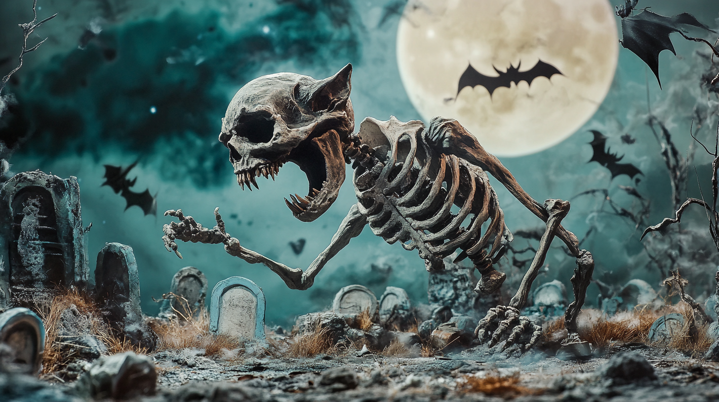 Surreal cat cemetery with evil skull, dancing skeletons, bats.