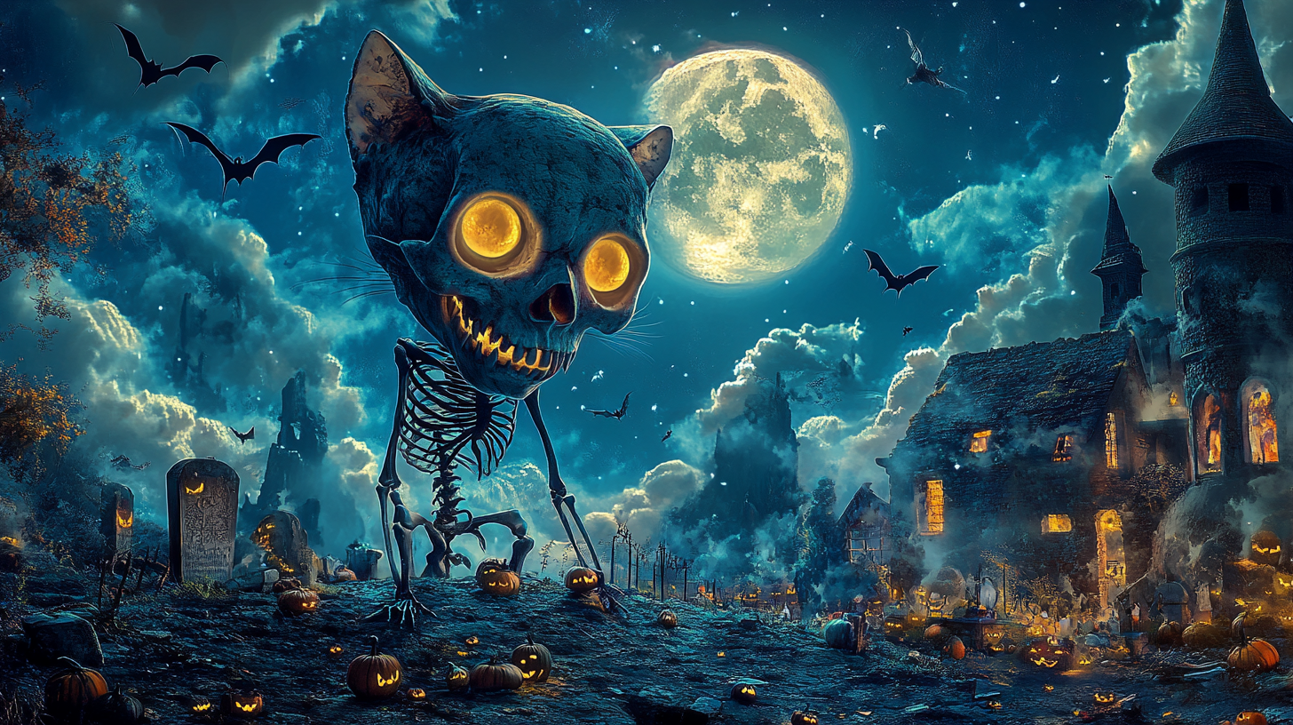 Surreal cat skull, dancing skeletons, bats, ghostly horror.