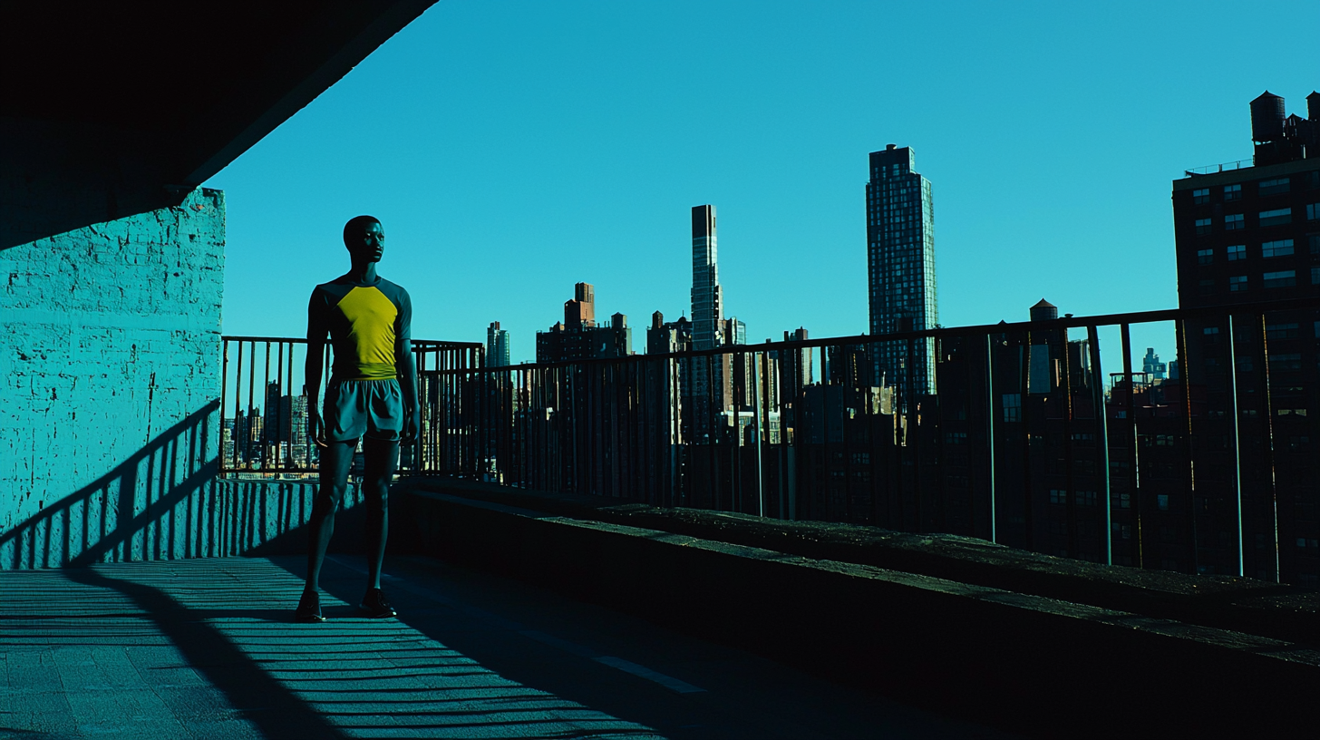 Surreal cityscape with long shadows, athletic clothing in Fuji.