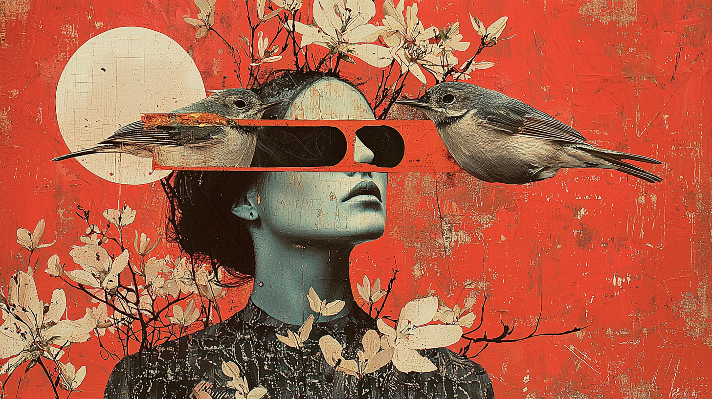 Surreal collage with red colors and hidden messages.