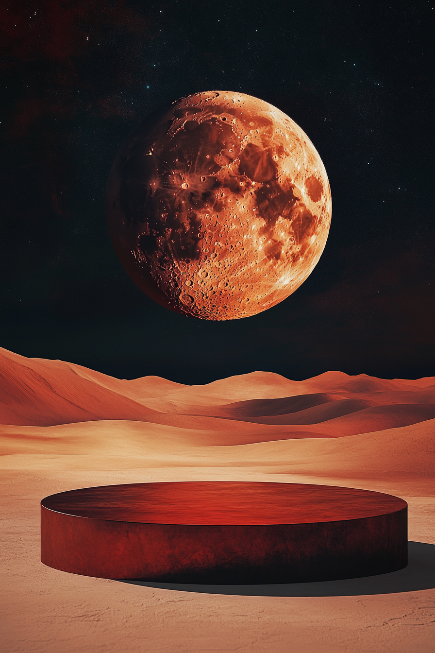 Surreal cosmic desert with red moon and night sky.