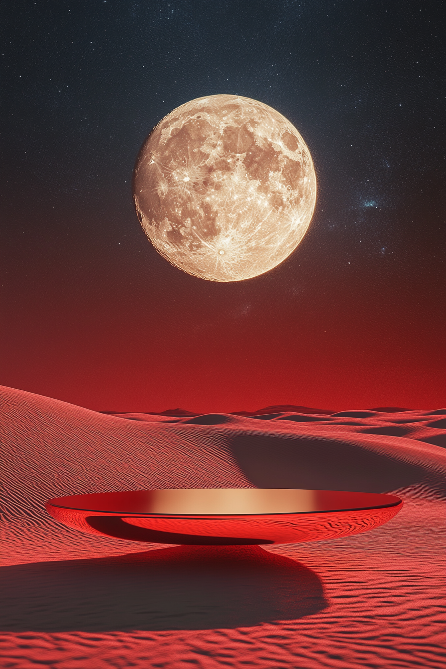 Surreal desert platform under moonlight with cosmic background.